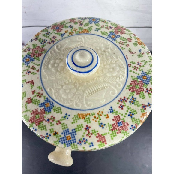 Vintage Ceramic Biscuit Cookie Cracker Jar Barre Cross Stich Pattern No Handle - Picture 5 of 12